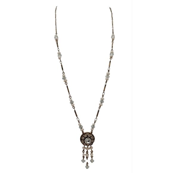 Liz Palacios Bronze Tone Crystal Rhinestone Genuine Pearl Pendant Necklace K240